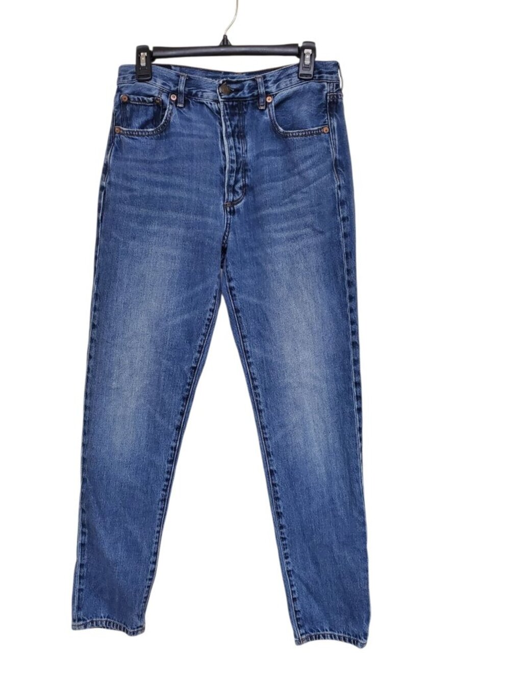 American Eagle Hi-Rise Girlfriend Medium Wash Distressed Button Fly Jeans 6 Long